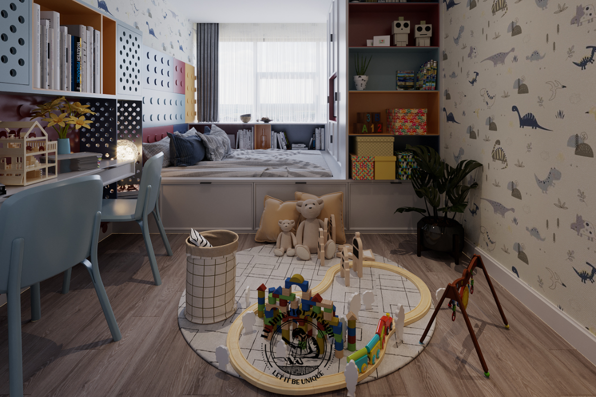 Góc học tập nhỏ gọn, ngăn nắp với hệ tủ kệ kịch trần căn hộ Midtown 135m² Modern