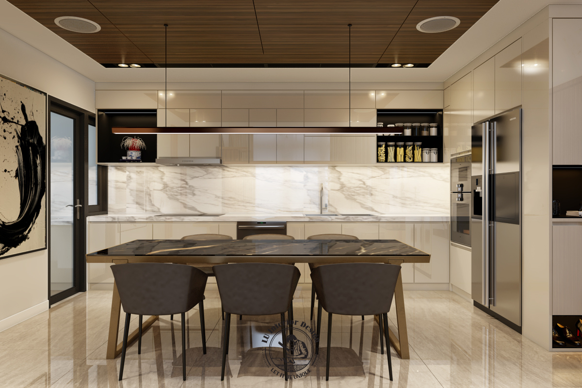 Không gian bếp ăn liên thông gọn gàng trong căn hộ Duplex The View phong cách Modern