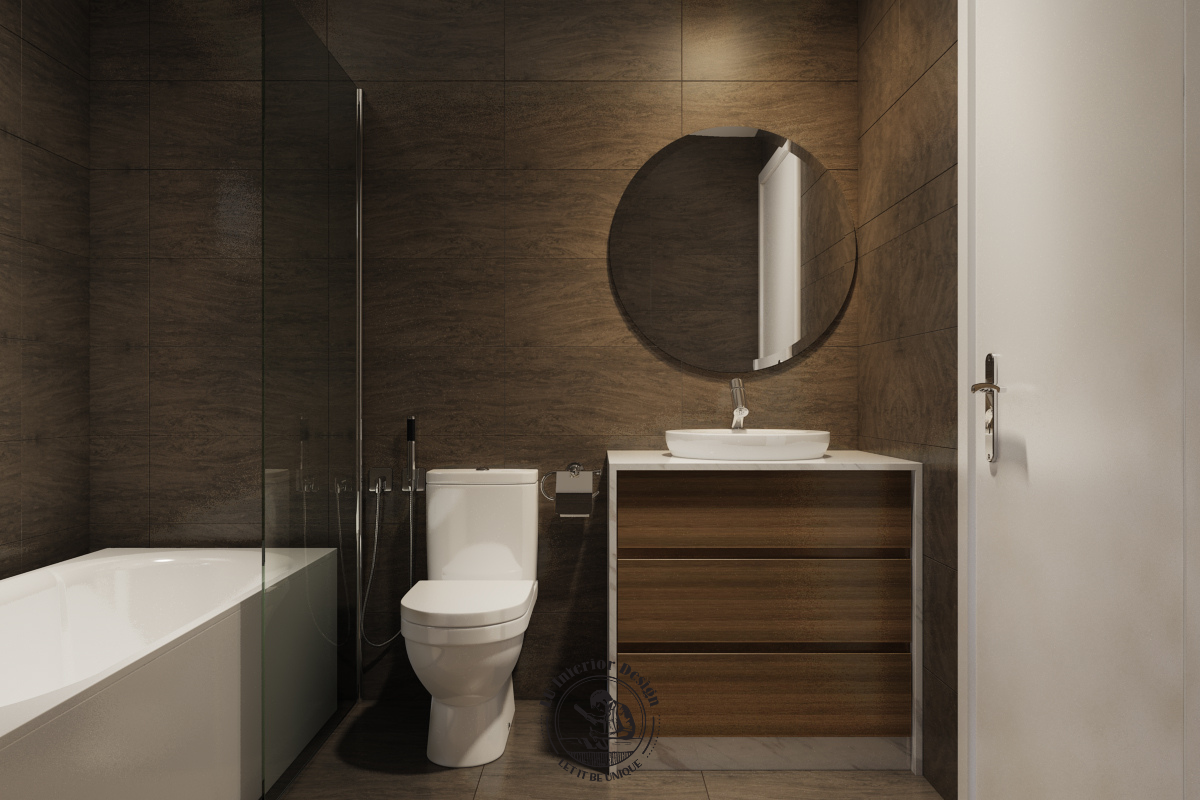 Không gian WC 2 sang trọng với gạch ốp tường giả đá tone trầm ấm đồng điệu