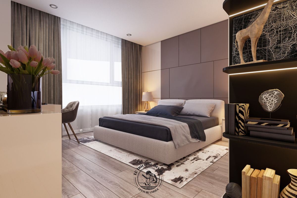 Tầm nhìn khoáng đạt hướng phố từ giường ngủ Master của căn hộ Duplex The View phong cách Modern, mang lại sự thư thái tuyệt đối