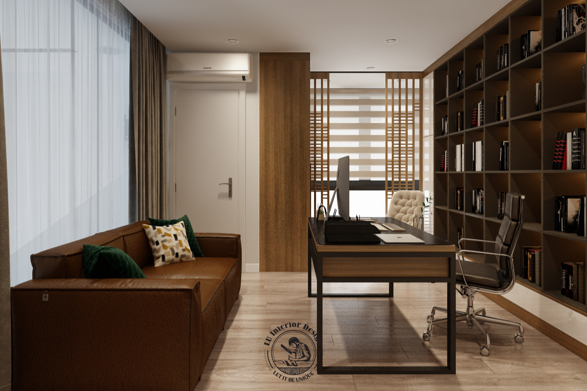 Bố trí sofa da bò cao cấp đối diện bàn làm việc tạo không gian thảo luận lịch lãm