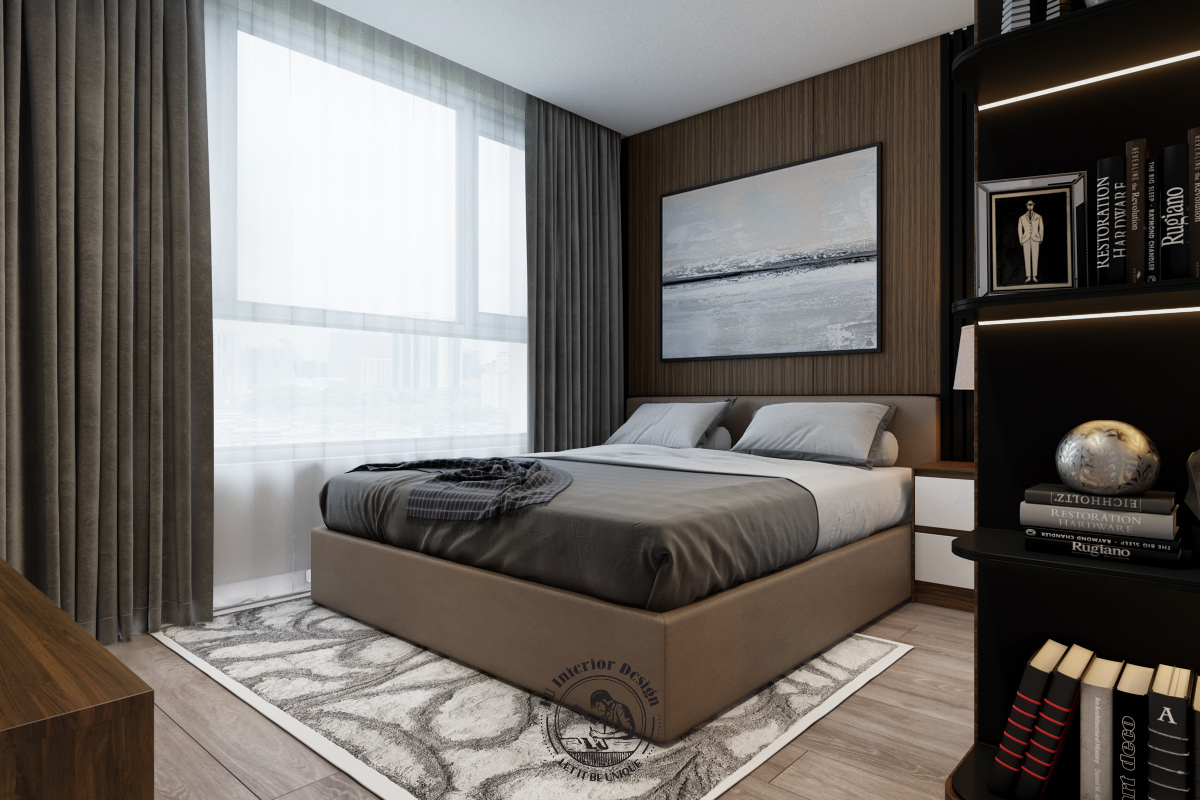 Giường ngủ bọc da êm ái đặt cạnh hệ cửa sổ lớn đón trọn ánh sáng tự nhiên đầy năng lượng