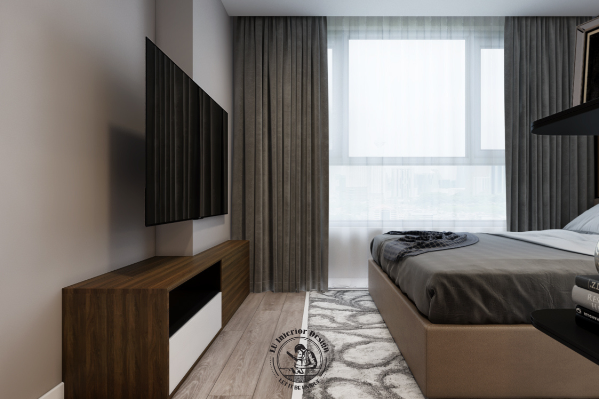 Kệ tivi gỗ treo tường với thiết kế tinh giản, đảm bảo lối đi lại thông thoáng trong phòng