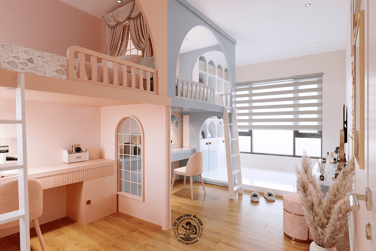 Hệ tủ kệ trang trí kịch trần chia ô dạng vòm đồng bộ cấu trúc với khung giường, kết hợp sàn giật cấp để tạo ranh giới không gian vui chơi