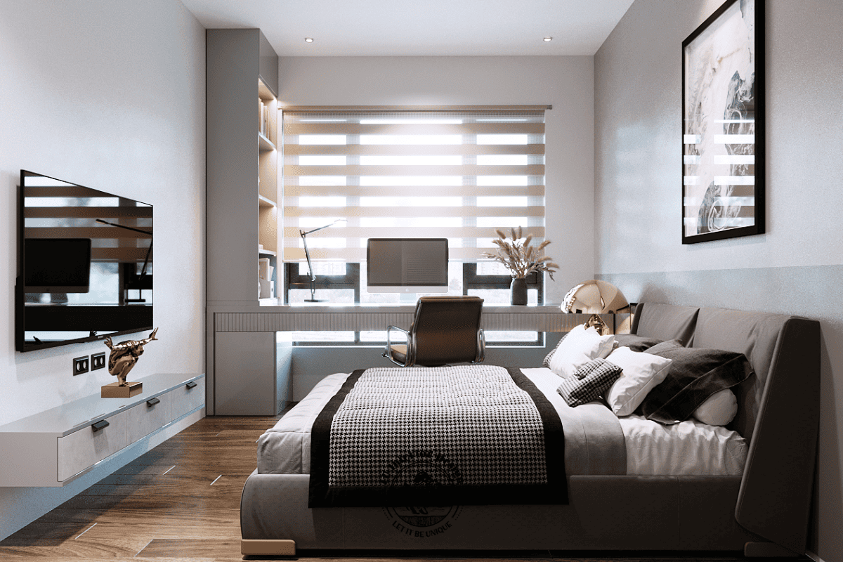 Hệ bàn học liền kệ sách bố trí chạy dài theo ô cửa sổ, kết hợp rèm cầu vồng điều tiết ánh sáng