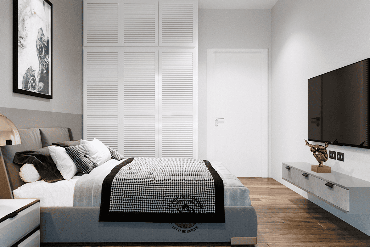Kệ tivi dáng treo dạng hộc kéo phẳng, đặt tại diện tường đối diện giường ngủ và song song với lối đi chính