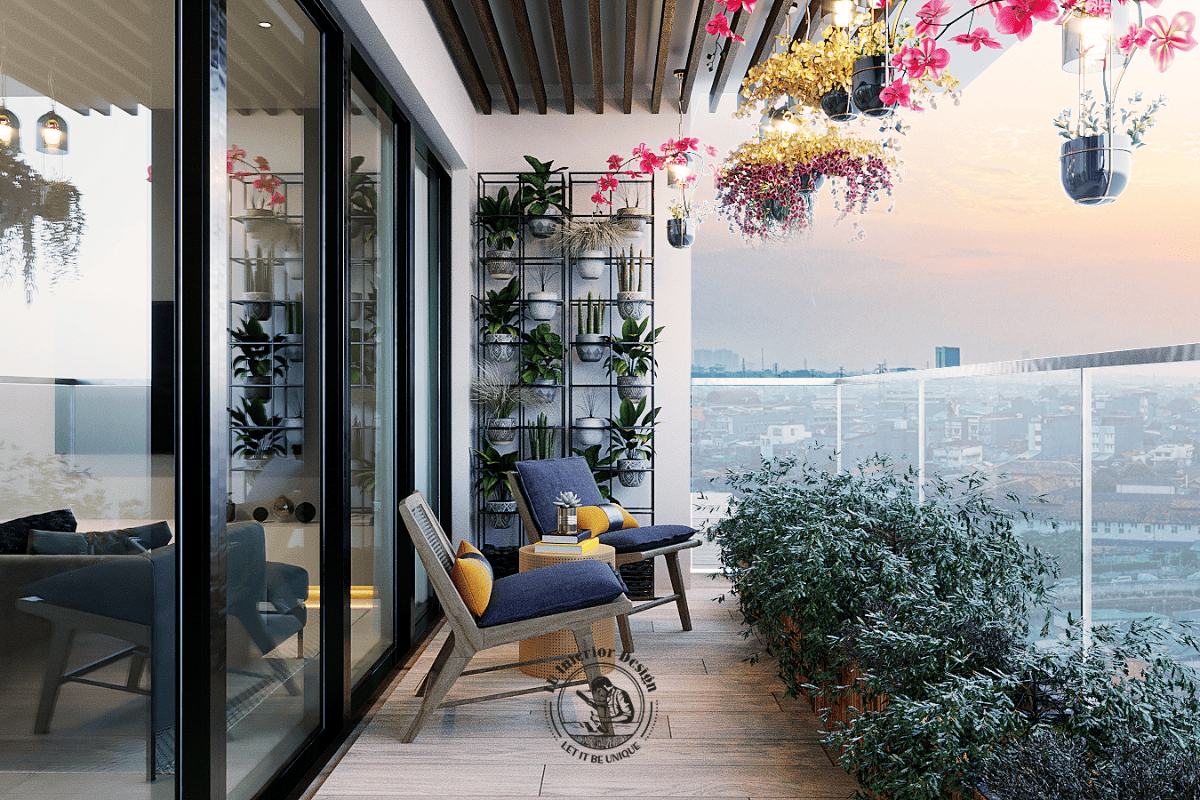 Hệ cửa kính lớn kịch trần trong phòng ngủ master mở ra khu vực ban công, được xử lý điều tiết ánh sáng bằng lớp rèm vải dày và rèm voan lót