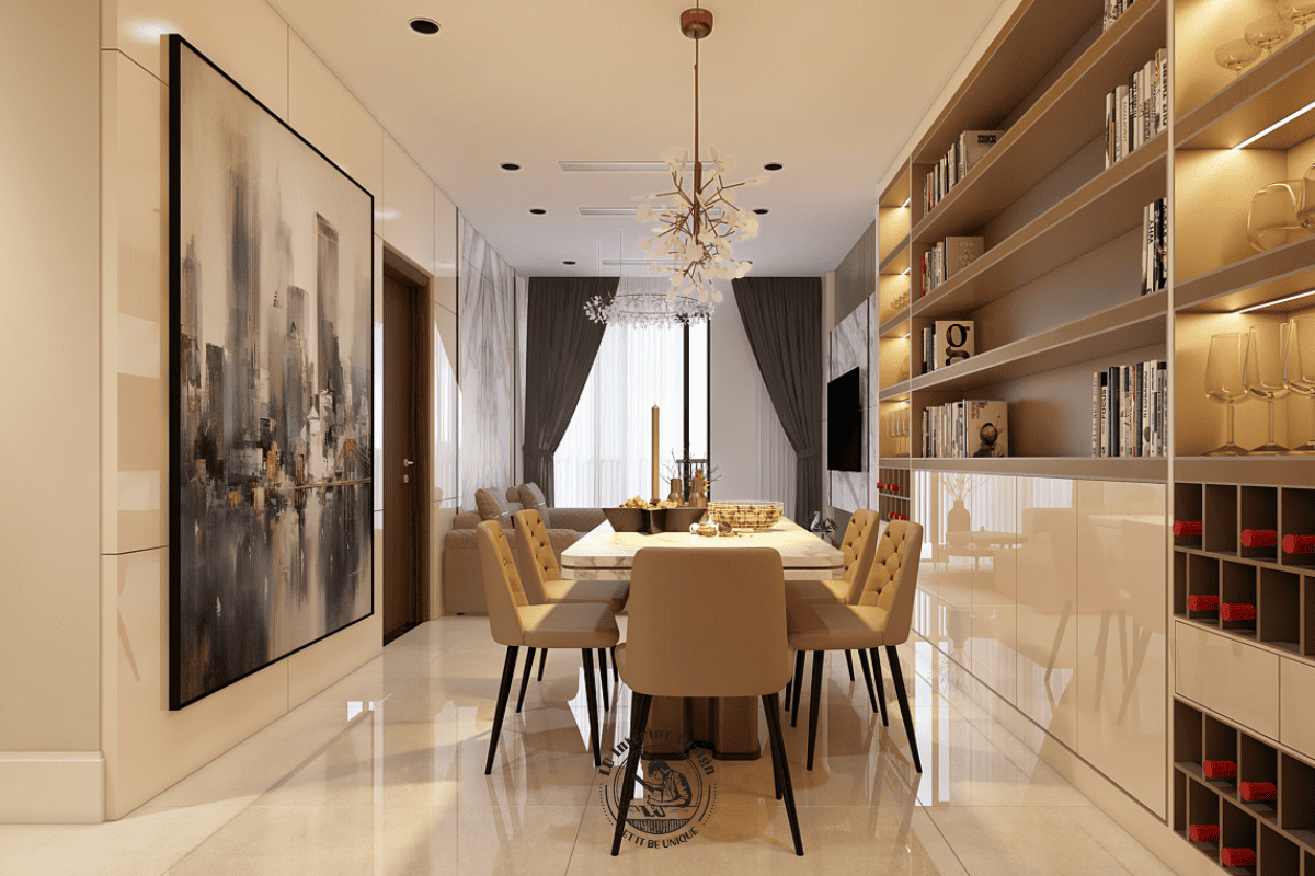 Phương án quy hoạch mặt bằng sử dụng bàn ăn 6 ghế làm cấu kiện chuyển tiếp trung gian, kết nối liền mạch từ khu vực tiếp khách vào sâu bên trong phân khu bếp nấu.