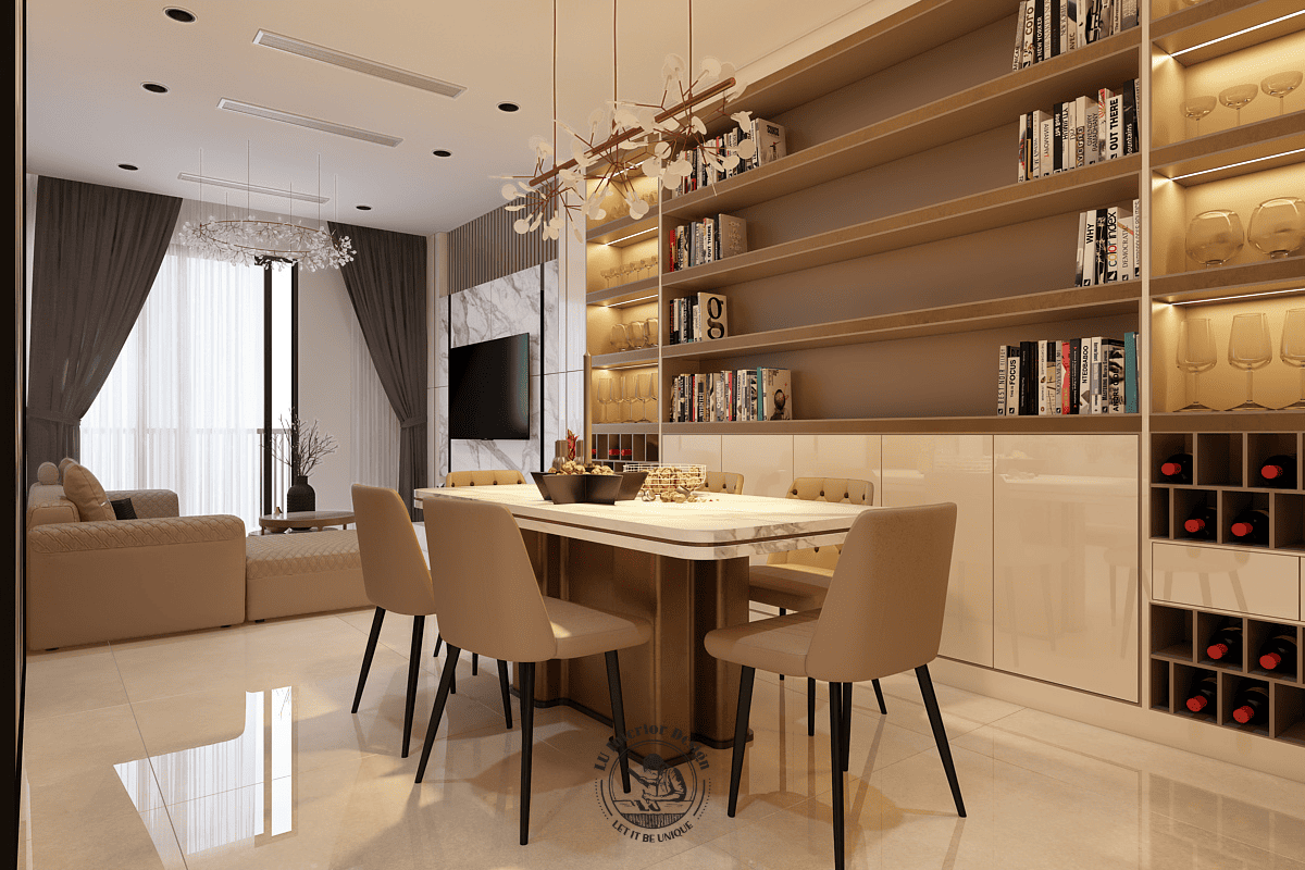 Thiết kế đảo bếp phụ mặt đá màu đen trang bị chậu rửa đơn, đóng vai trò tạo ranh giới luồng giao thông nối liền với trục hành lang di chuyển chính.