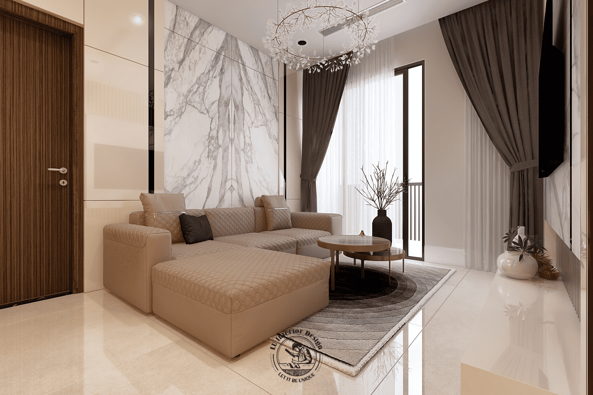Góc nhìn thể hiện sự liên kết giữa khu vực tiếp khách và cửa kính ban công, sử dụng thảm trải sàn dệt họa tiết đồng tâm để định vị khu vực bàn trà.