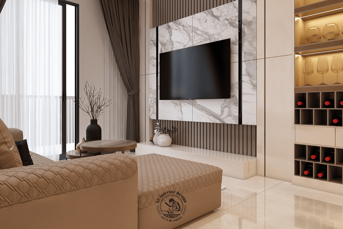Hệ vách tivi treo tường kết hợp giữa đá marble vân mây và lam gỗ trang trí, đặt liền kề tủ rượu kịch trần tích hợp đèn led âm khoang