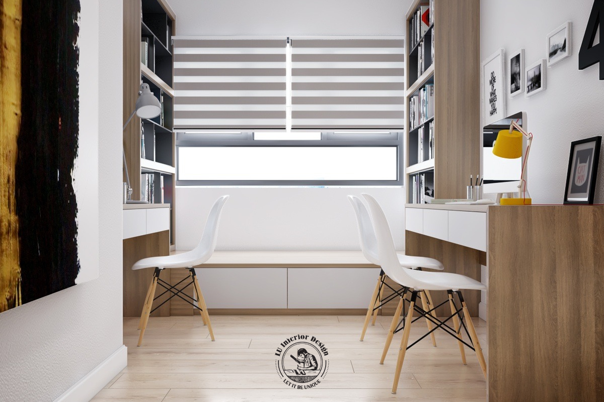 Góc học tập và làm việc được bố trí đối xứng gọn gàng với hệ tủ sách thông minh và băng ghế nghỉ ngơi tiện lợi ngay sát cửa sổ ngập tràn ánh sáng.
