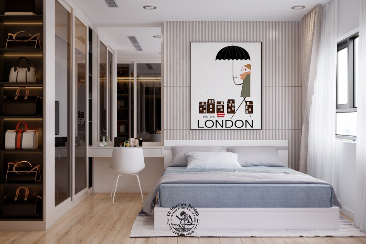 Không gian phòng ngủ master mang đậm tinh thần Modern với giường ngủ êm ái, bức tranh nghệ thuật điểm nhấn và bàn trang điểm liền kề gọn gàng