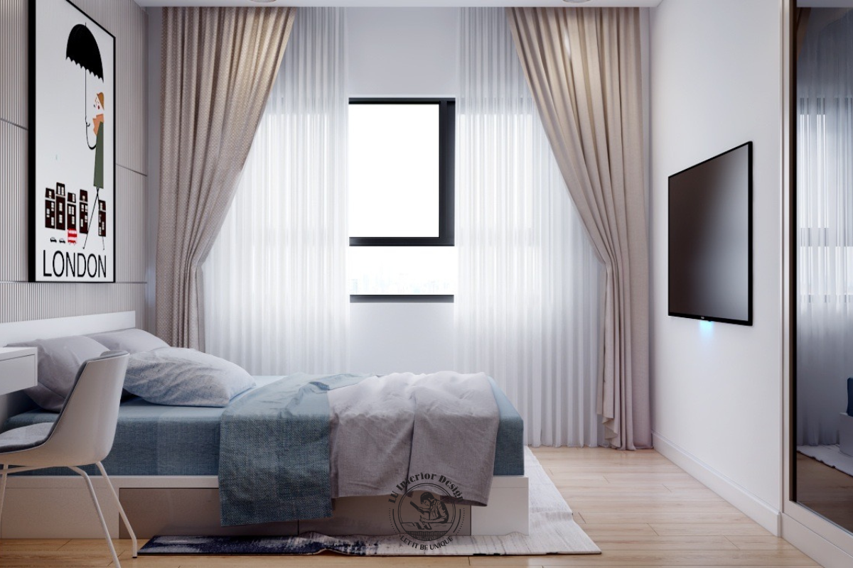 Khung cửa sổ lớn đón trọn ánh sáng tự nhiên, kết hợp rèm cửa hai lớp mềm mại giúp điều chỉnh ánh sáng linh hoạt cho căn phòng
