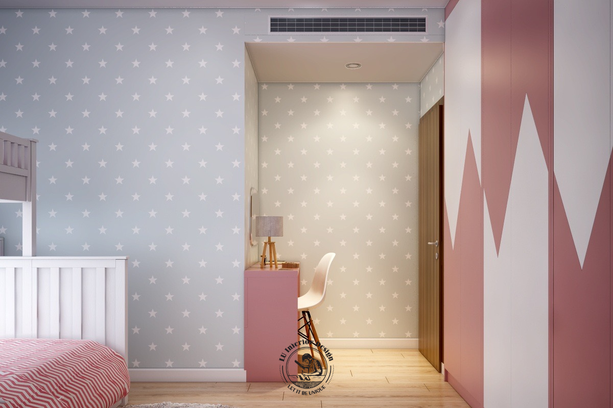 Góc học tập nhỏ gọn được bố trí khéo léo trong khoảng lùi của tường, tạo không gian riêng tư và ngăn nắp cho việc học tập.