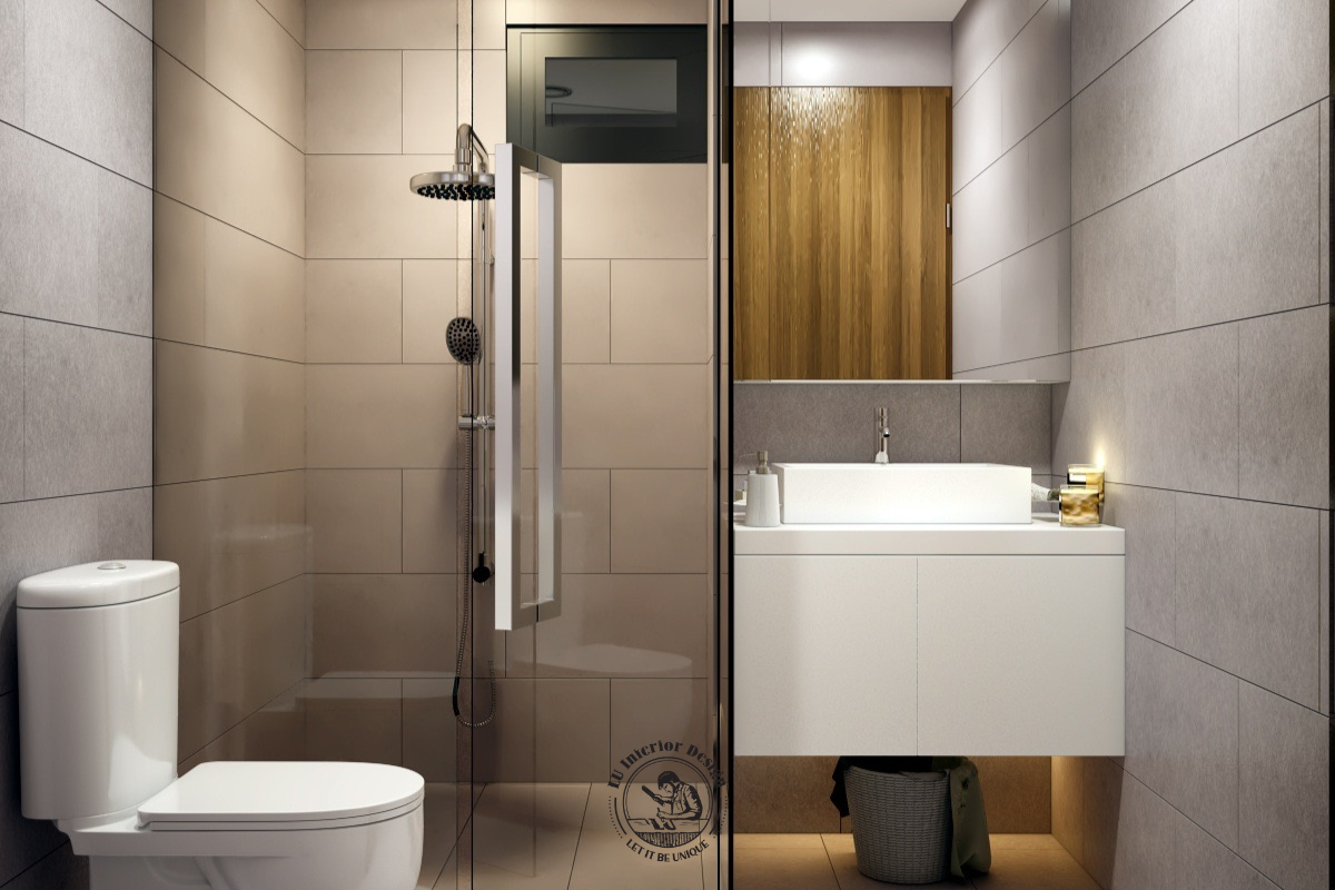 Phòng tắm và WC được thiết kế hiện đại với hệ vách kính cường lực phân chia khu vực khô - ướt sạch sẽ, kết hợp tủ lavabo treo tường gọn gàng.