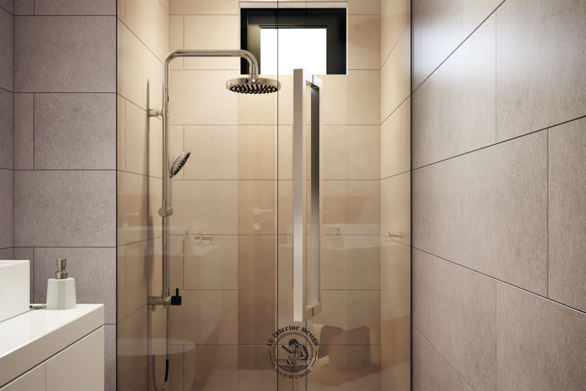 Góc nhìn cận cảnh khu vực tắm đứng với hệ thống sen vòi cao cấp, được ốp lát gạch men xám sang trọng và tinh tế.