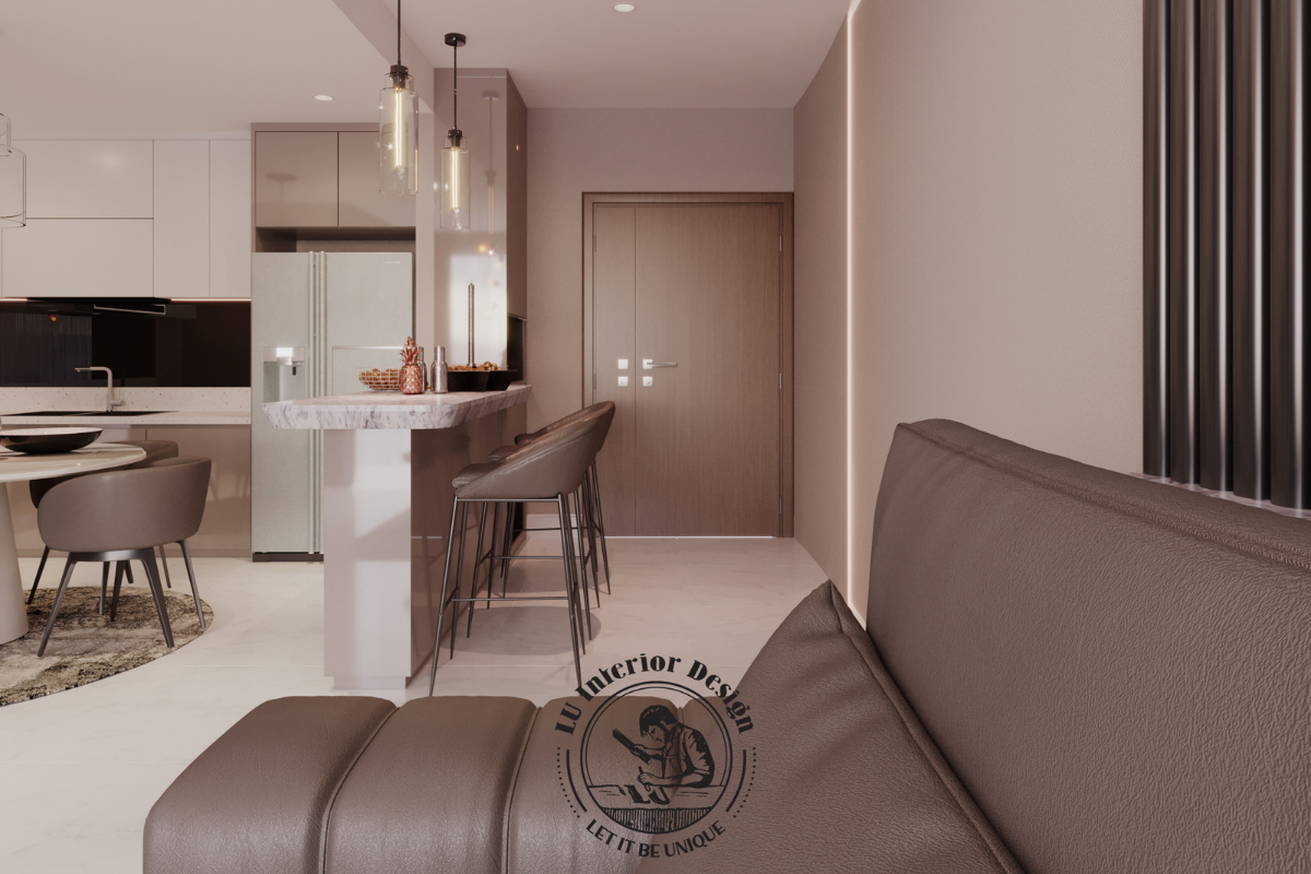 Khu vực bếp – ăn liên thông được bố trí thông minh với quầy bar đảo bếp mặt đá sang trọng kết hợp ghế bar cao hiện đại.