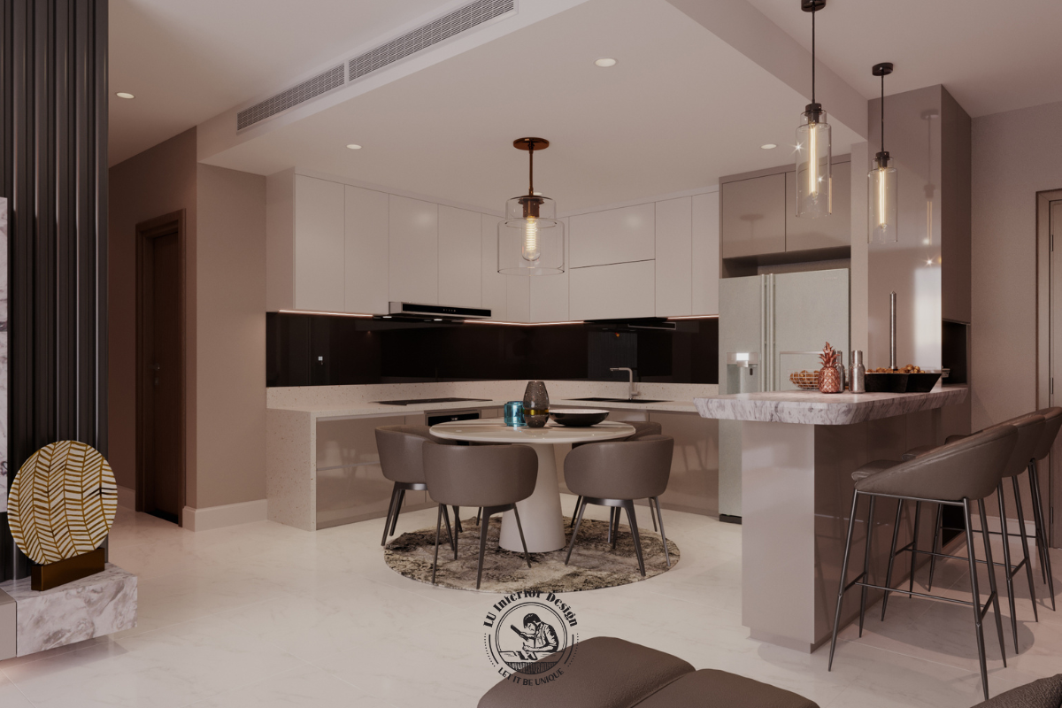 Góc nhìn tổng quan không gian bếp và bộ bàn ăn tròn thanh lịch, tối ưu hóa sự tiện nghi và kết nối liền mạch trong sinh hoạt.