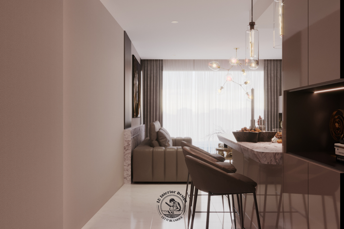 Hệ thống tủ bếp chữ L hiện đại với tông màu trang nhã, sắp xếp khoa học giúp tối ưu công năng và giữ cho căn bếp luôn ngăn nắp