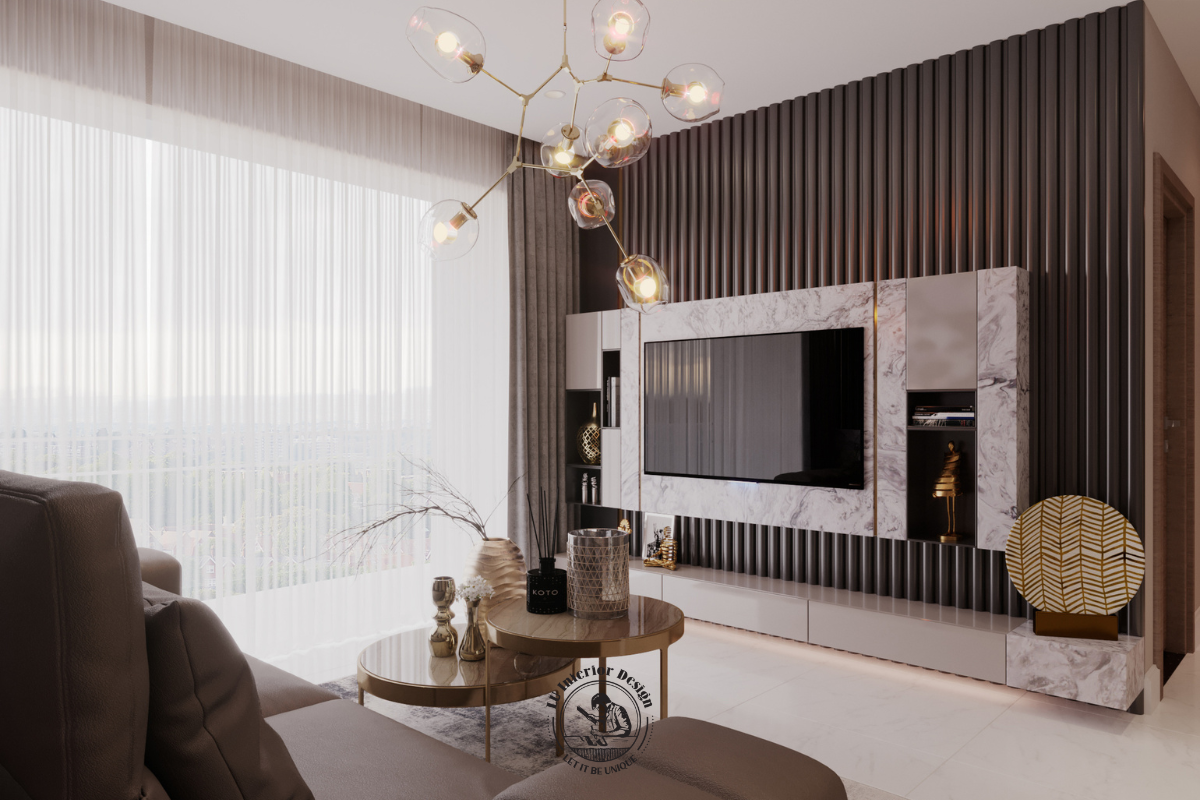 Khu vực kệ TV thiết kế hiện đại kết hợp vân đá marble cao cấp và hệ thống đèn hắt sáng, tối ưu không gian lưu trữ và thẩm mỹ.