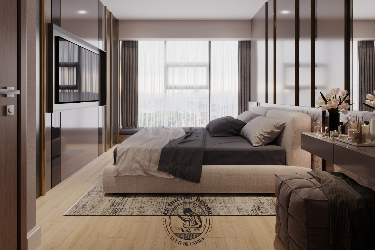 Không gian phòng ngủ master mang đậm dấu ấn Modern với giường ngủ bọc nệm êm ái, kết hợp hệ vách ốp đầu giường giả đá marble sang trọng và bàn trang điểm tinh tế.