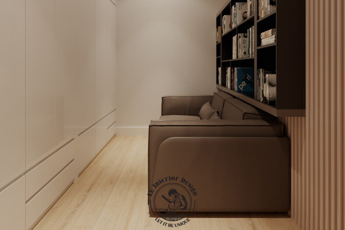 Hệ tủ quần áo lớn kết hợp cùng sofa da và kệ sách treo tường thông minh, mang lại sự tiện nghi và tối ưu diện tích tối đa cho căn phòng