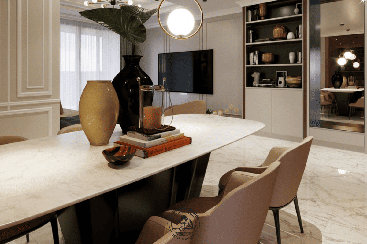 Chi tiết mặt bàn ăn phối cùng các món decor nghệ thuật tạo điểm nhấn duy mỹ cho không gian sinh hoạt