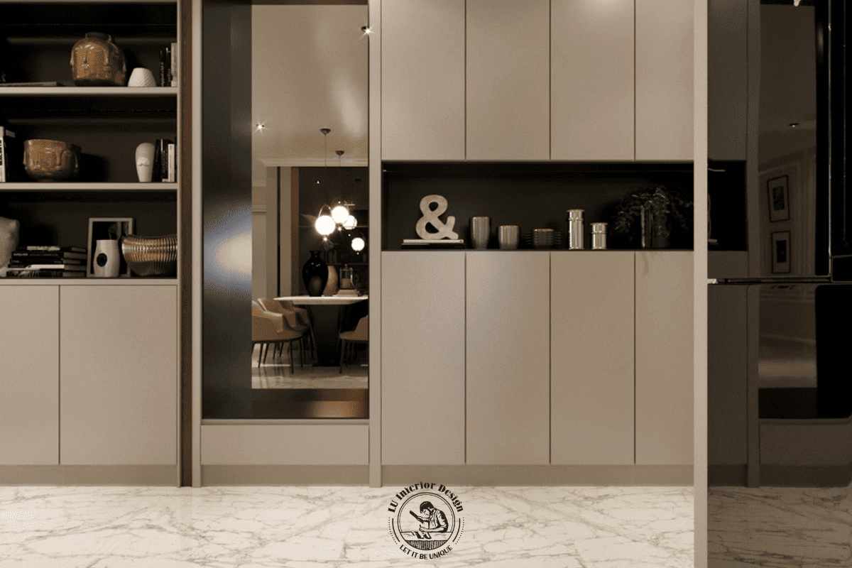 Hệ tủ lưu trữ âm tường thiết kế tối giản phẳng phiu giúp nới rộng tối đa diện tích di chuyển