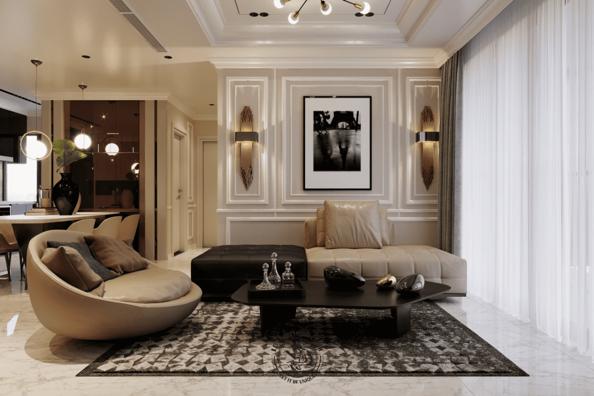 Mảng tường phào chỉ đối xứng tinh tế tại thiết kế nội thất căn hộ Empire City 2PN Neo classic do LU DESIGN thực hiện