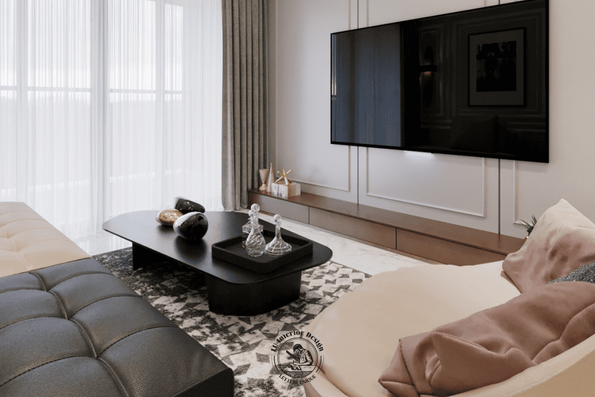 Hệ kệ tivi gỗ gọn gàng phối hợp ăn ý cùng băng sofa phòng khách thượng lưu