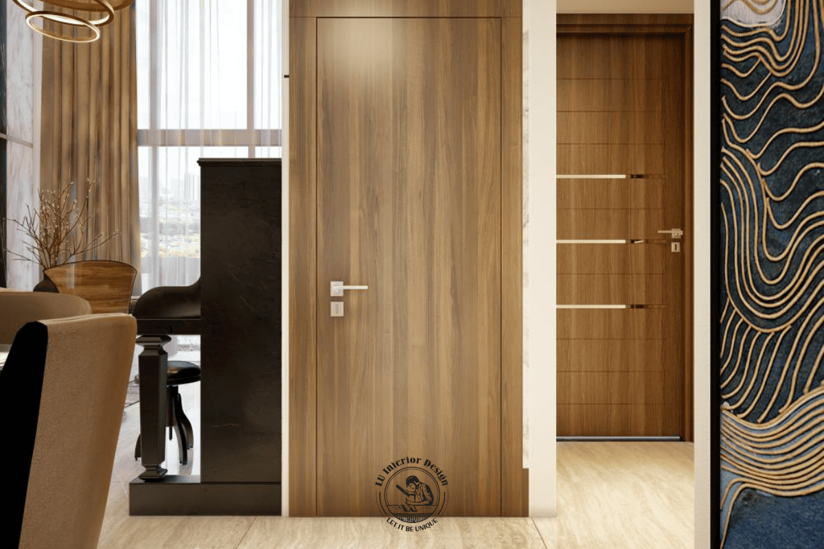 Giải pháp lắp đặt hệ cửa gỗ phòng ngủ và lối đi hành lang đồng chất liệu vân gỗ, tạo vách ngăn ước lệ với phòng ăn