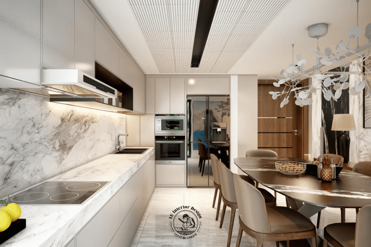 Chi tiết mặt bàn ăn và mặt bếp đều sử dụng đá marble cùng vân kết hợp hệ bếp từ âm hiện đại nhằm tối ưu công năng lau dọn