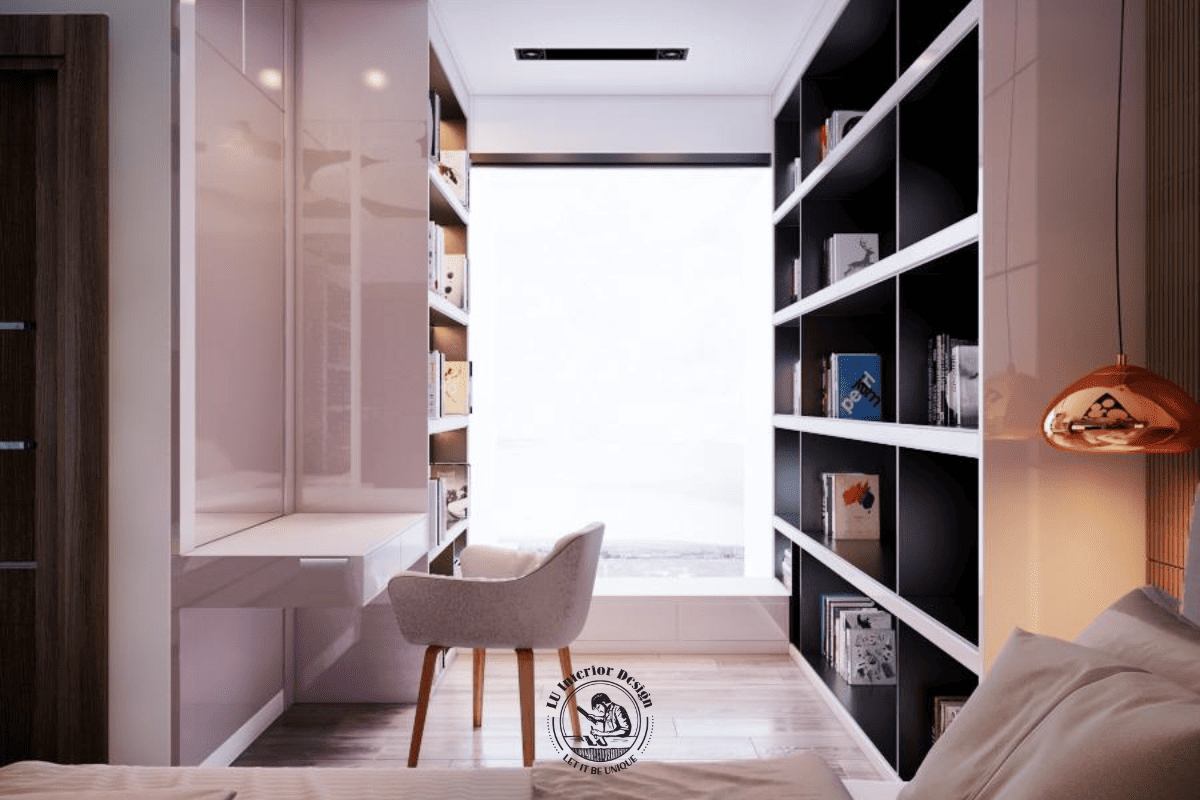 Khu vực bàn trang điểm quy hoạch liền khối với hệ tủ kịch trần phủ bề mặt bóng, hướng thẳng ra ô kính lấy sáng lớn