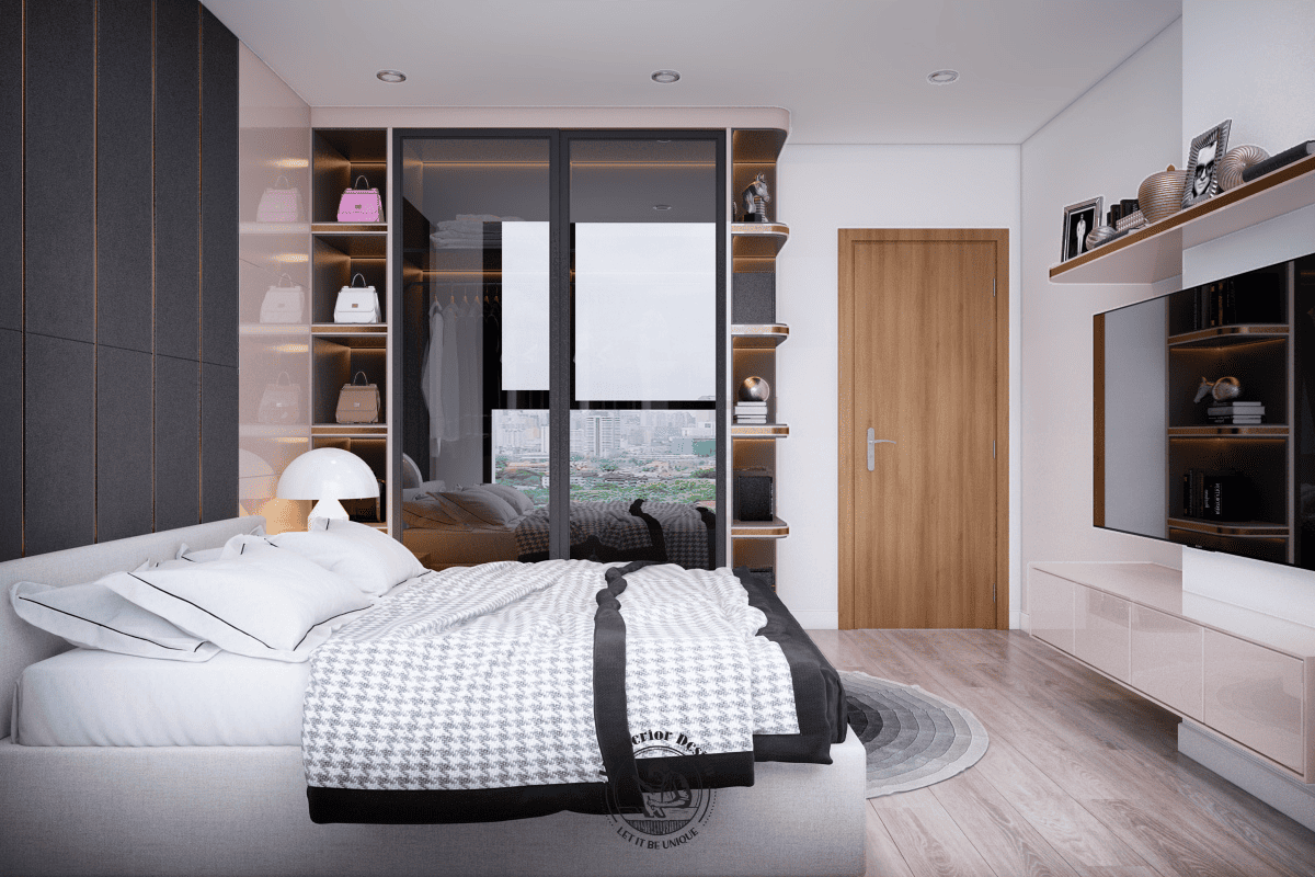 Hệ tủ quần áo kịch trần thiết kế kết hợp cánh kính lùa màu tối và các hộc tủ mở bo góc tròn, giúp tối ưu hóa diện tích lưu trữ cho phòng ngủ nhỏ