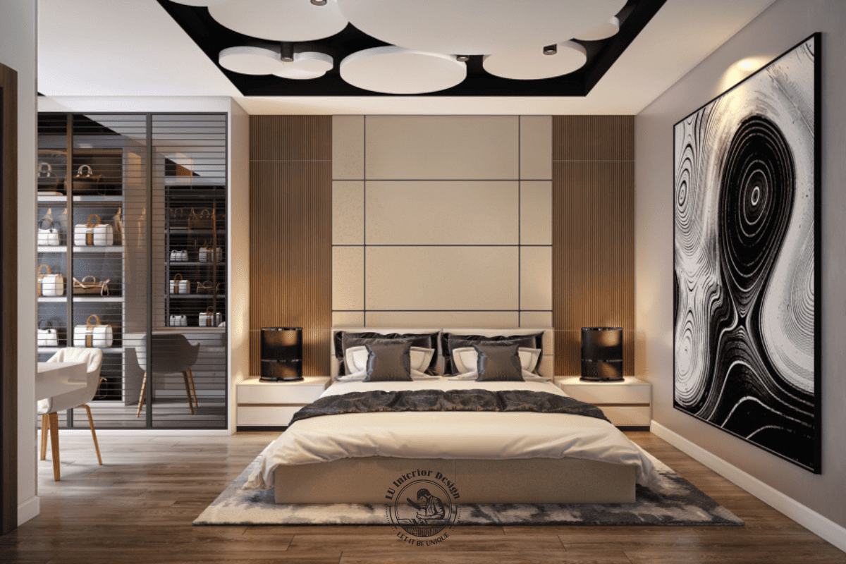Không gian phòng bố trí giường ngủ đôi phối hợp hệ vách đầu giường chia ô đối xứng, kết hợp hệ tủ quần áo cánh kính lùa nhằm tối ưu diện tích mở cửa.