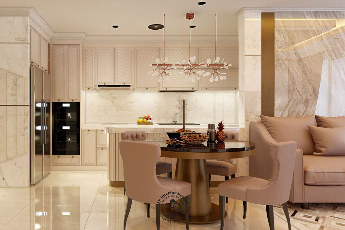 Bàn ăn tròn chân kim loại đặt tiếp giáp đảo bếp, phía trên trang trí đèn chùm nhánh hoa tinh tế kết nối trực quan với phòng bếp