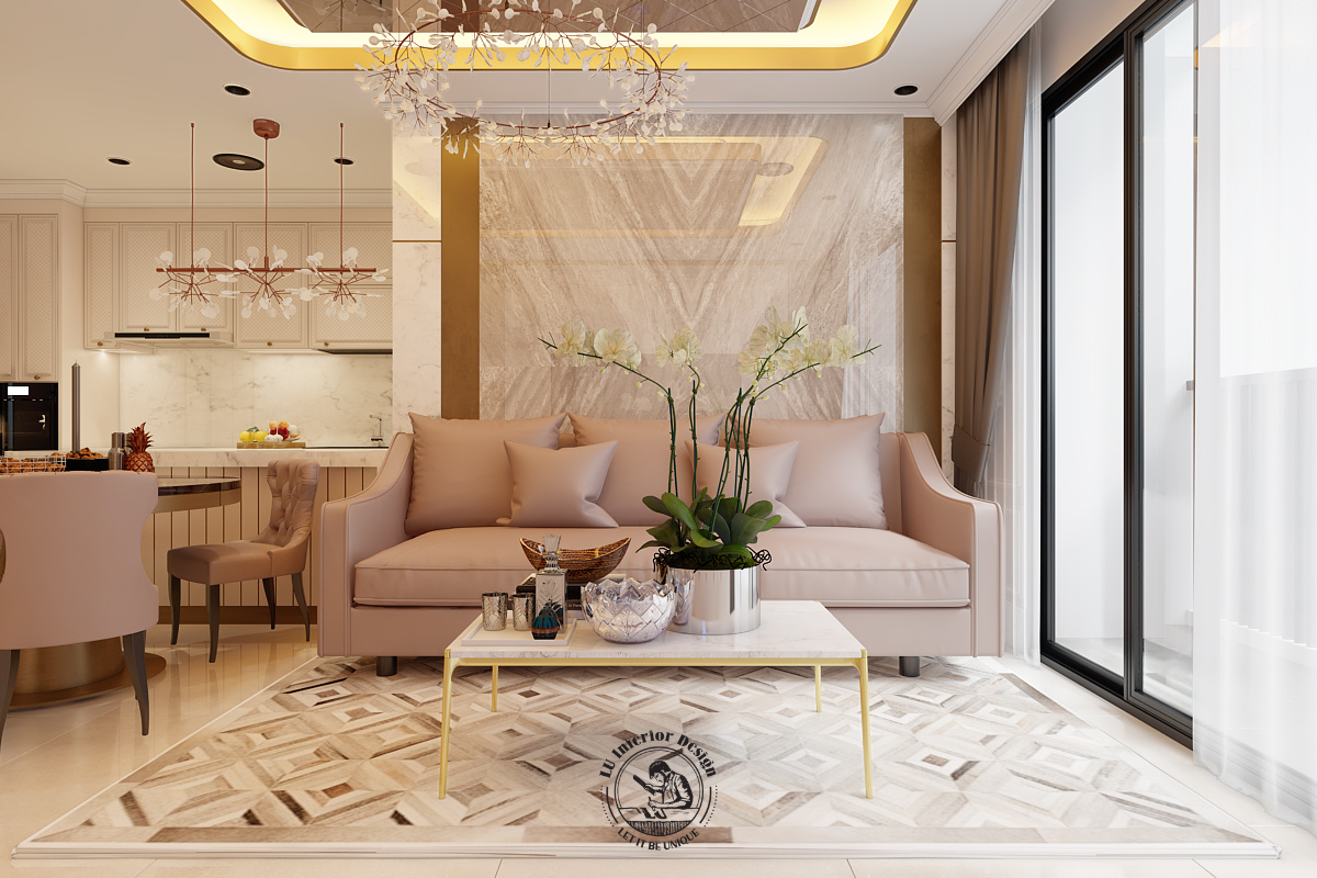 Sofa thẳng màu hồng pastel kết hợp bàn trà mặt đá khung chân kim loại, đặt định vị trên thảm ghép họa tiết hình học