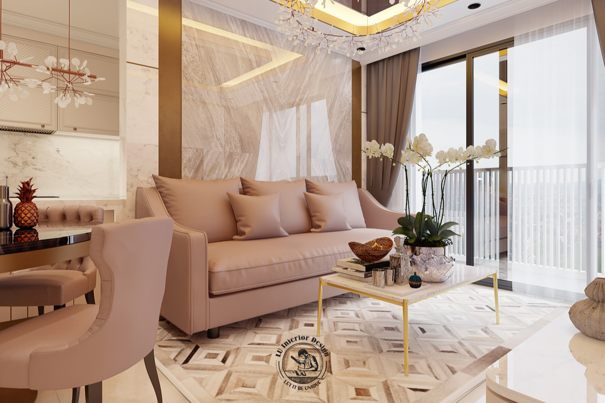 Vách tường sau sofa ốp đá marble vân đối xứng, đặt dưới hệ trần giật cấp viền gương kim loại