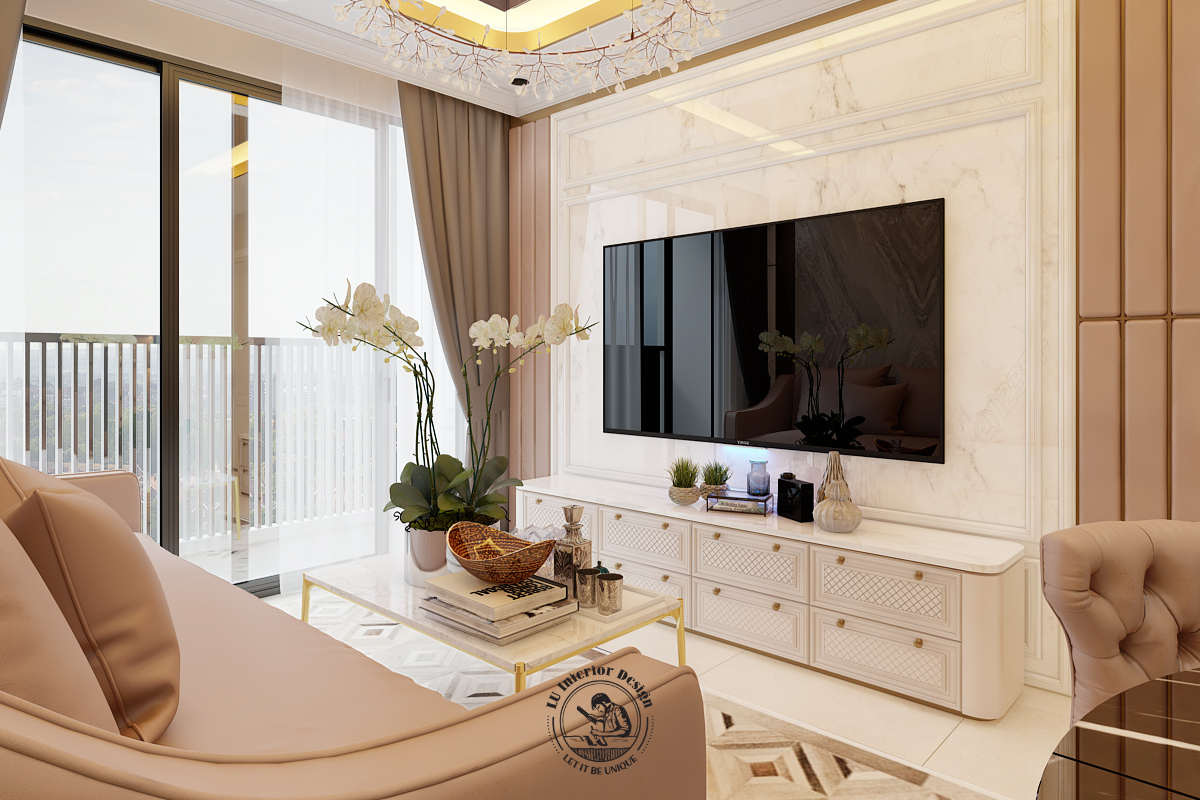 Tivi treo phẳng trên vách đá trắng, kết hợp kệ bệt chia hộc tủ kéo màu trắng có chi tiết phào chỉ