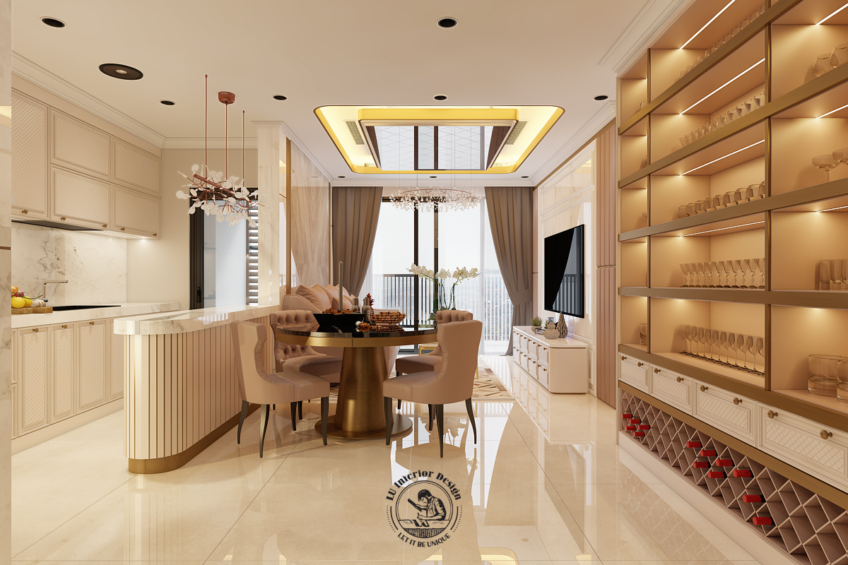 Góc nhìn bao quát từ lối vào, thể hiện vị trí bàn ăn tròn chân kim loại đặt tiếp giáp giữa đảo bếp và phòng khách