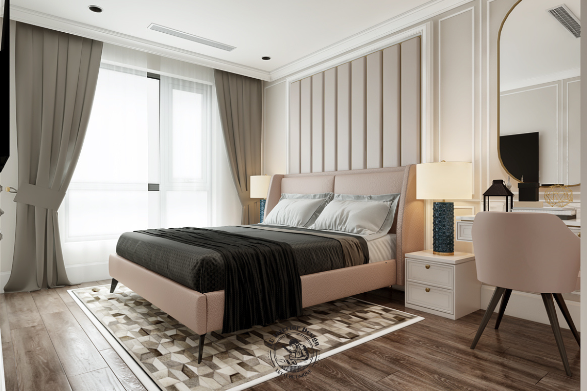 Góc trang điểm bố trí bàn treo phẳng, gương soi viền kim loại bo tròn kết hợp tủ quần áo kịch trần cánh phẳng màu trắng nhã nhặn