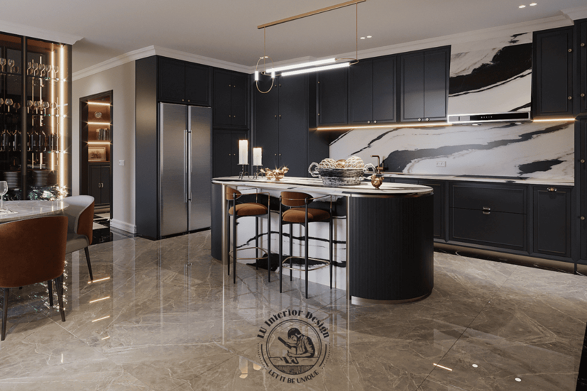 Đảo bếp đá marble vân mây kết hợp hệ tủ đen mờ hiện đại
