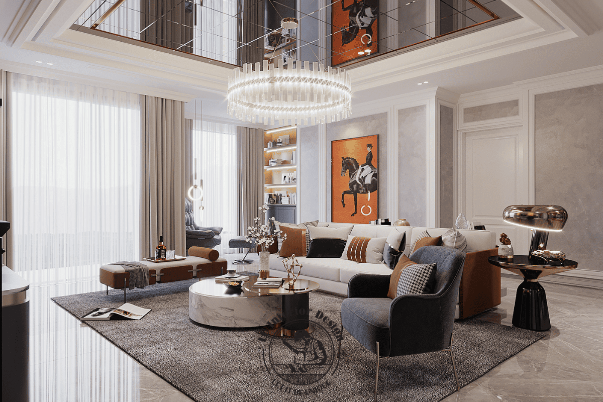 Tổng quan không gian phòng khách Penthouse The Peak Midtown Modern Classic đầy xa hoa và nghệ thuật
