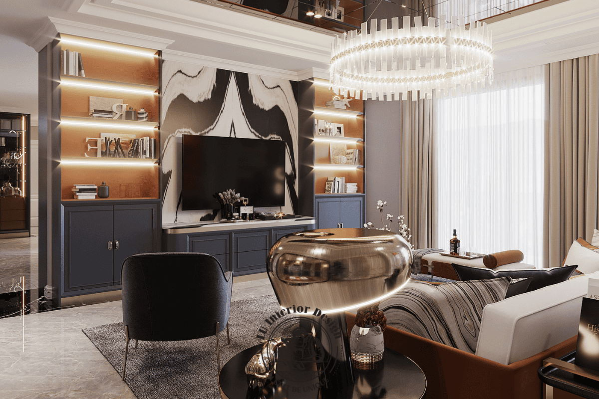 Cận cảnh hệ tủ TV đối diện sofa với mảng tường ốp đá Marble độc đáo và đèn LED âm tủ tôn vinh các món decor