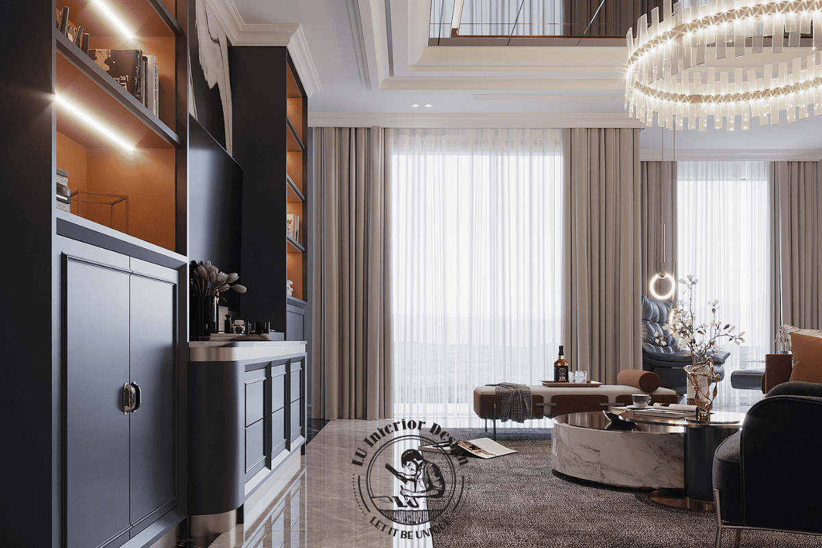 Chi tiết hệ tủ rượu sang trọng kịch trần, tạo sự chuyển tiếp mượt mà vào không gian sinh hoạt chính