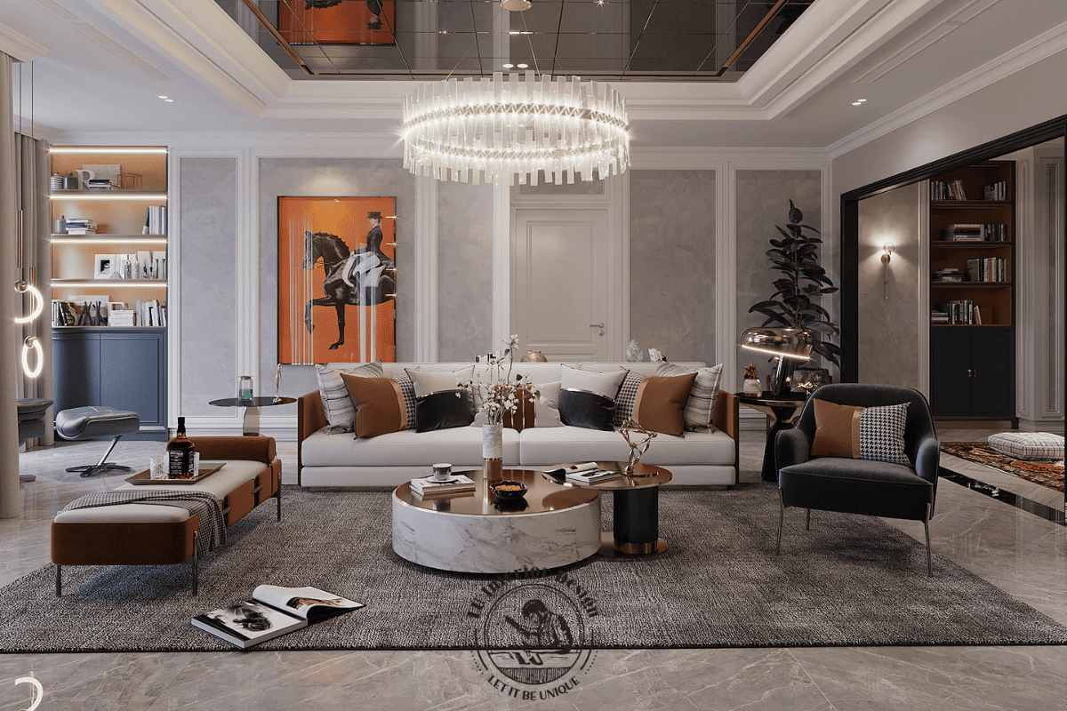 Hệ sofa chữ L kết hợp giữa chất liệu da bò và nhung xám, nổi bật trên nền thảm sàn dệt tỉ mỉ