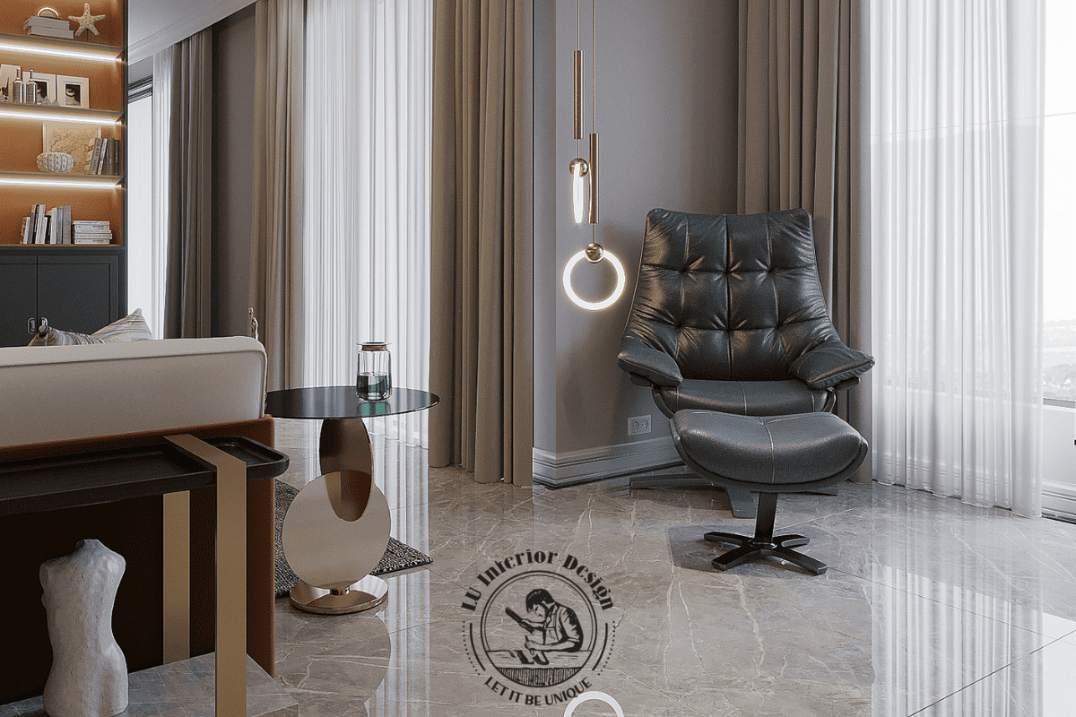 Góc thư giãn cạnh cửa sổ lớn với ghế bench nhung xanh nghệ thuật và đèn thả trần bo góc tinh xảo