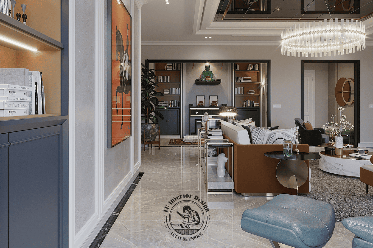 Không gian mở nối liền phòng khách với khu vực thờ, tạo sự trang nghiêm nhưng vẫn đồng điệu với Modern Classic