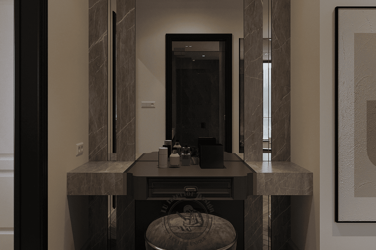 Khu vực trang điểm tối giản với gương kịch trần phối đá marble cẩm thạch xám